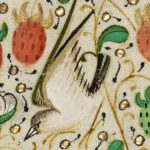 medieval border painting from a book with a bird among three red and one green strawberry
